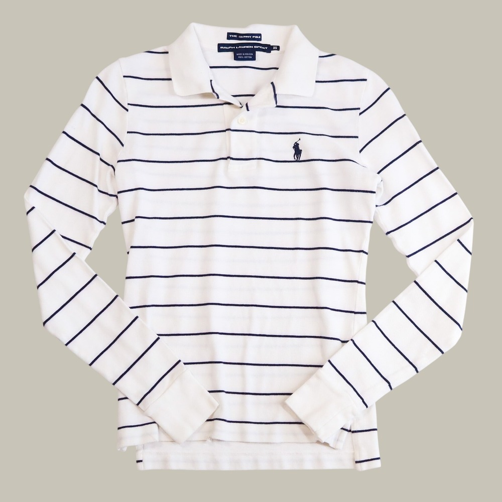 Ralph Lauren Sport Skinny Polo Women XS White Navy Blue Striped Long Sleeve READ